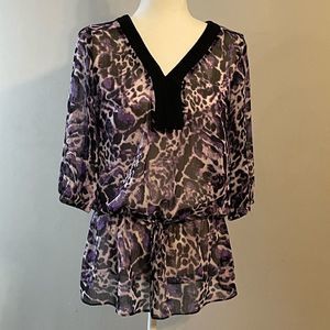 Purple Sheer Leopard V-Neck Blouse - 3/4 Sleeves